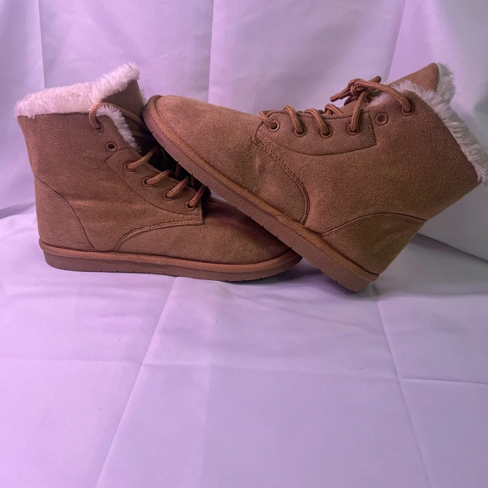 Women's Faux-Suede Lace-Up Fur-Trim Ankle Booties - Tan - Picture 4 of 4